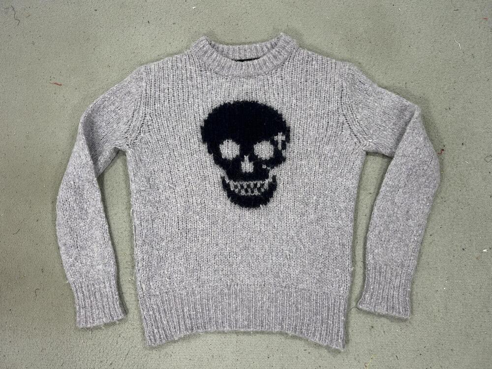 Skull Cashmere Sweater Crew Womens Small Gray Wool Alpaca Skull Intarsia Knit